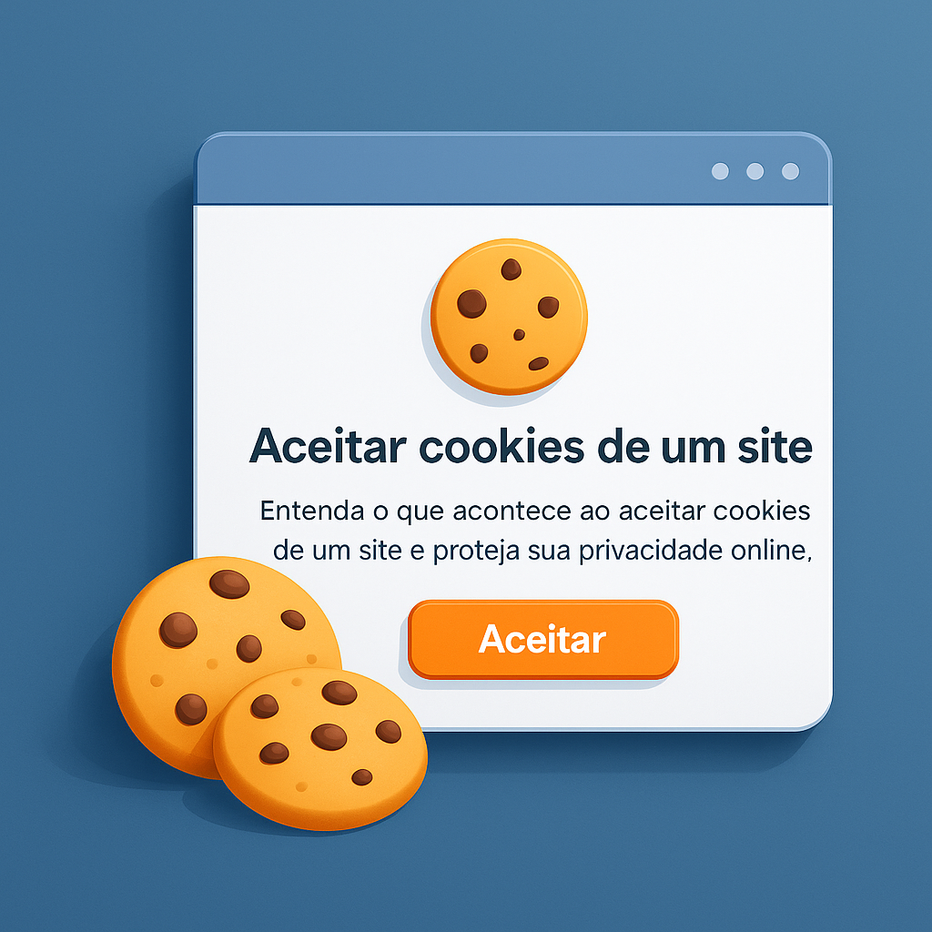 Pop-up ilustrando o aviso para aceitar cookies de um site, com ícones de cookies ao lado.