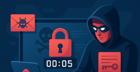 Ilustração de hacker invadindo uma empresa com códigos digitais em tela.